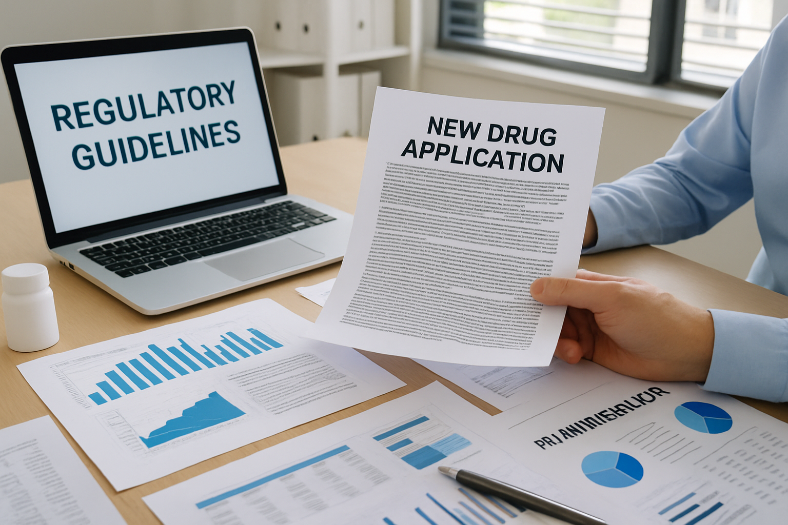 Workspace with NDA documentation and regulatory guidelines for drug approval.