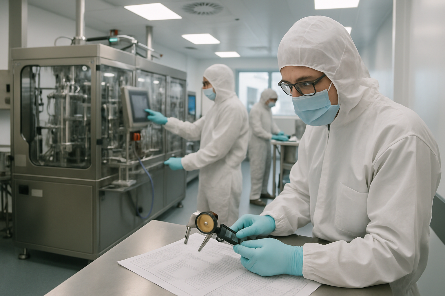 Technicians performing validation tests in a cleanroom at a pharmaceutical contract manufacturing facility.