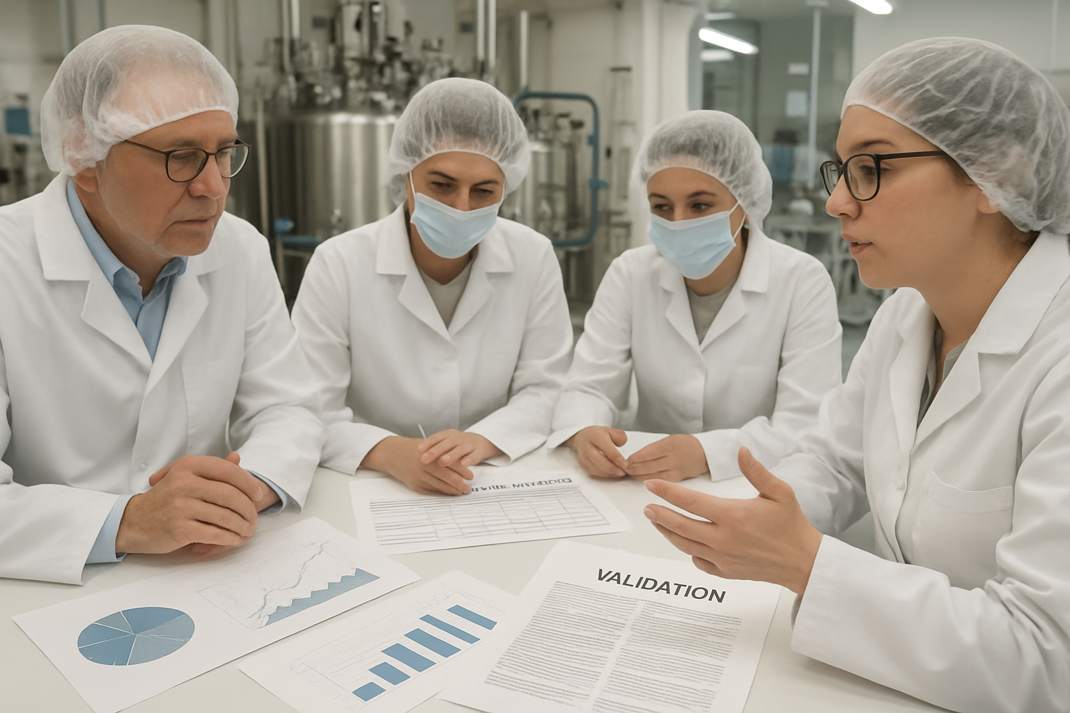 Pharmaceutical team conducting a risk assessment meeting for validation in a lab setting.