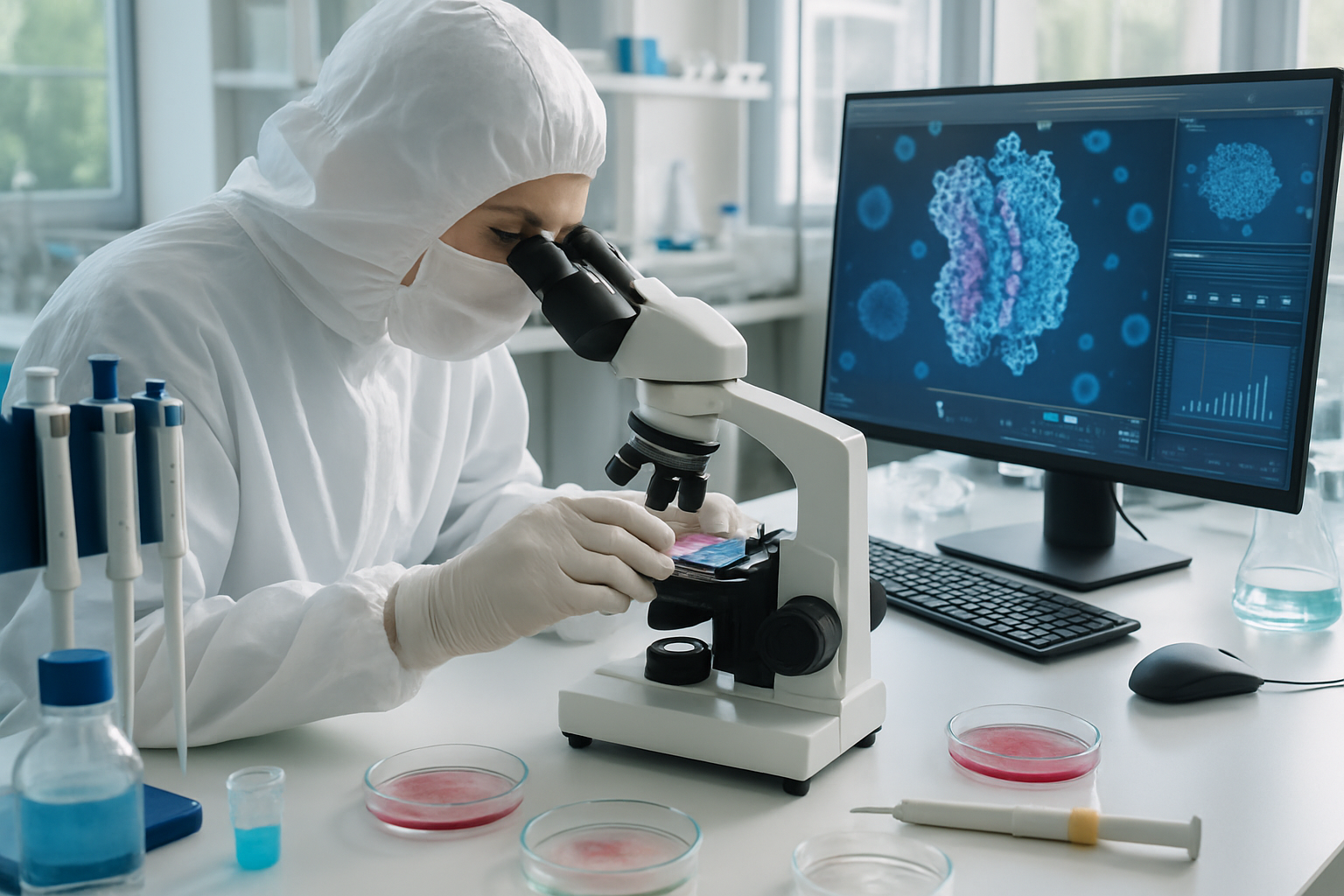 Researcher examining receptor proteins in a cleanroom laboratory setting.
