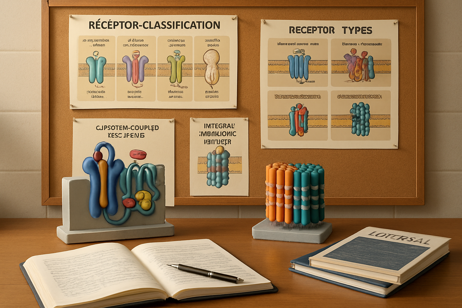 Diagrams and models of receptor classification in a laboratory setting.