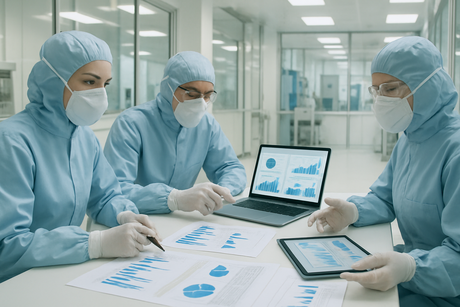 Pharmaceutical scientists in a cleanroom discussing technology transfer with documents and digital devices.