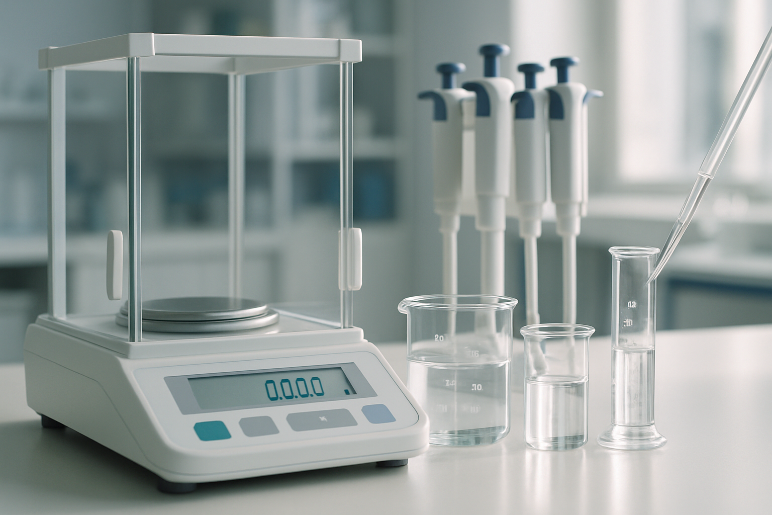 Laboratory equipment essential for technology transfer in pharmaceuticals, including balances and pipettes.
