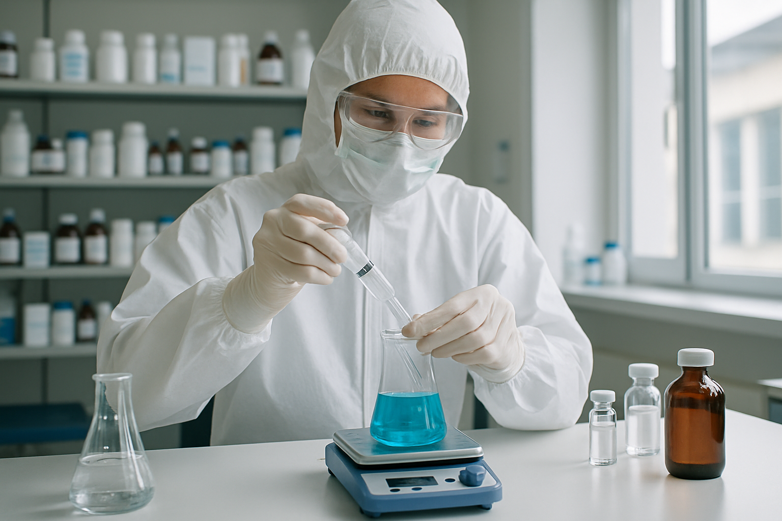 Laboratory technician preparing essential medications in a cleanroom environment.