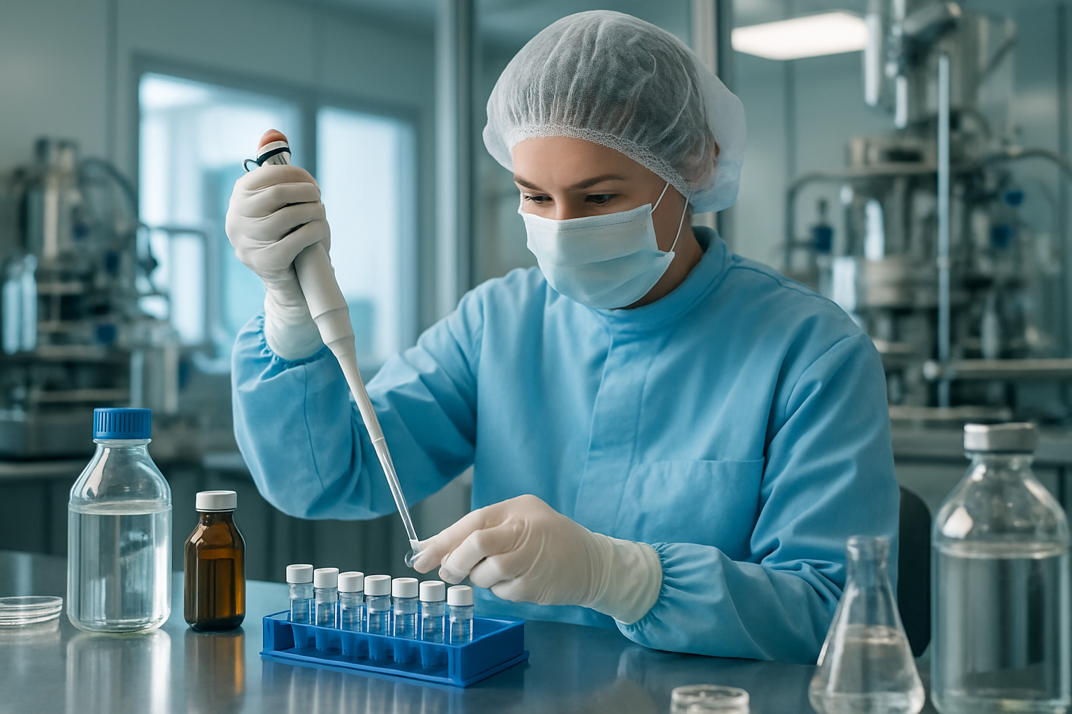Laboratory technician measuring drug dosages in a cleanroom.