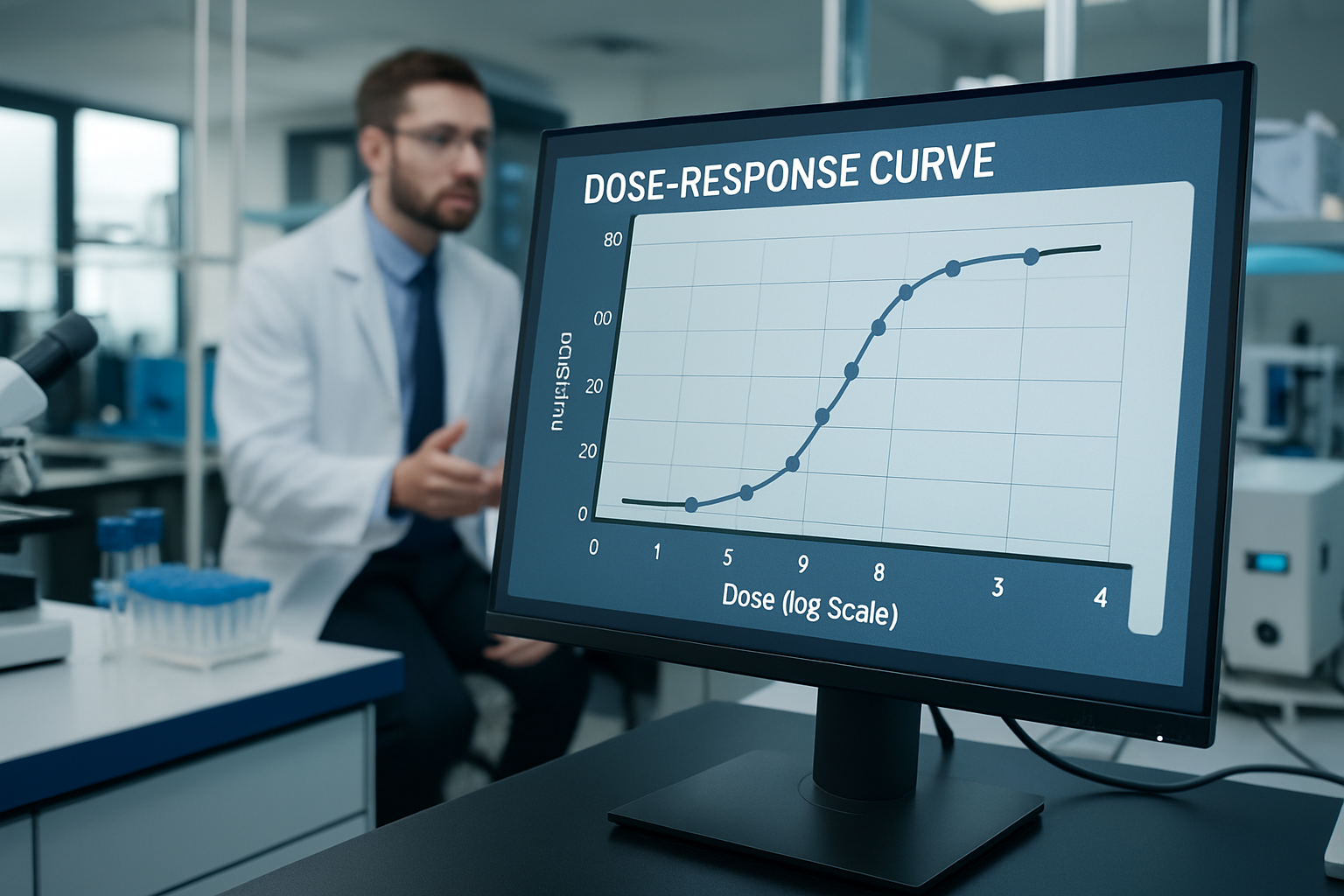 Dose-response curve graph in a pharmaceutical research lab.