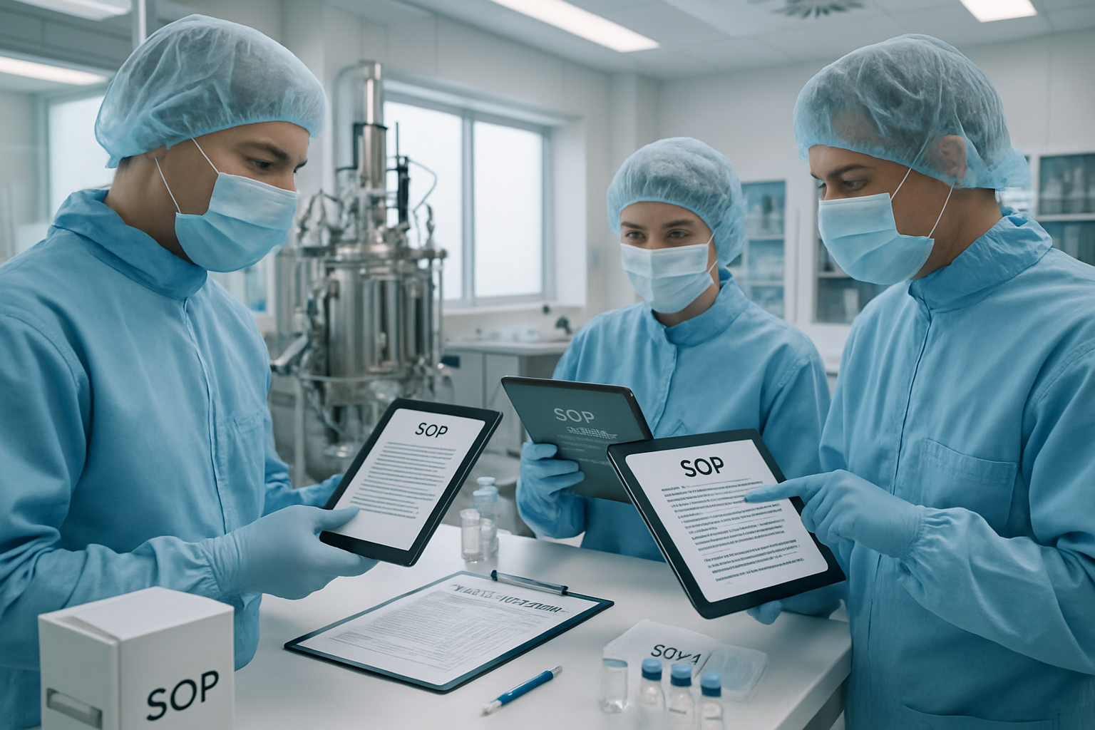 Technicians in a cleanroom reviewing quality management systems and SOPs.