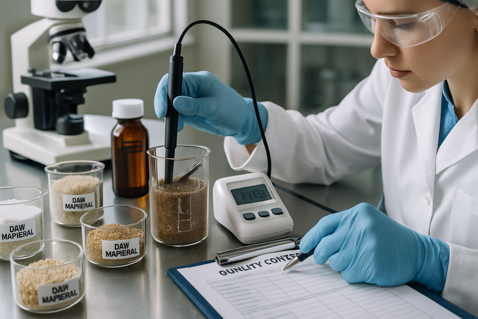 Laboratory technician performing quality control testing on raw materials.