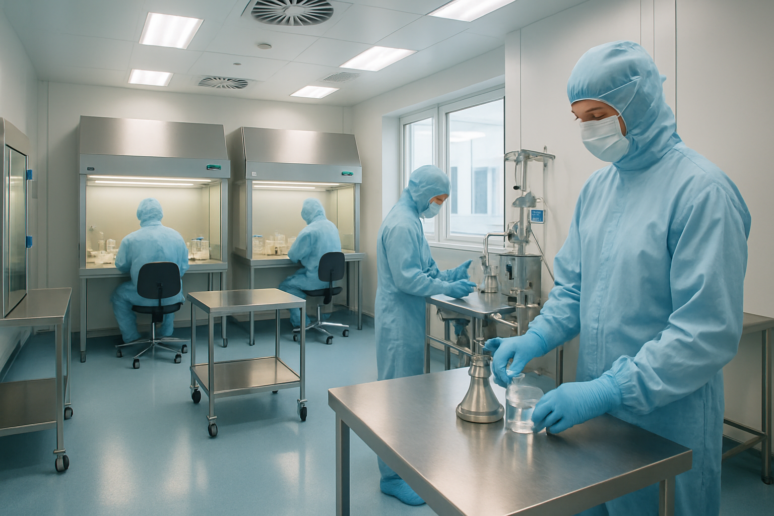 Cleanroom environment for aseptic production in pharmaceutical manufacturing with sterile equipment and personnel in gowns.