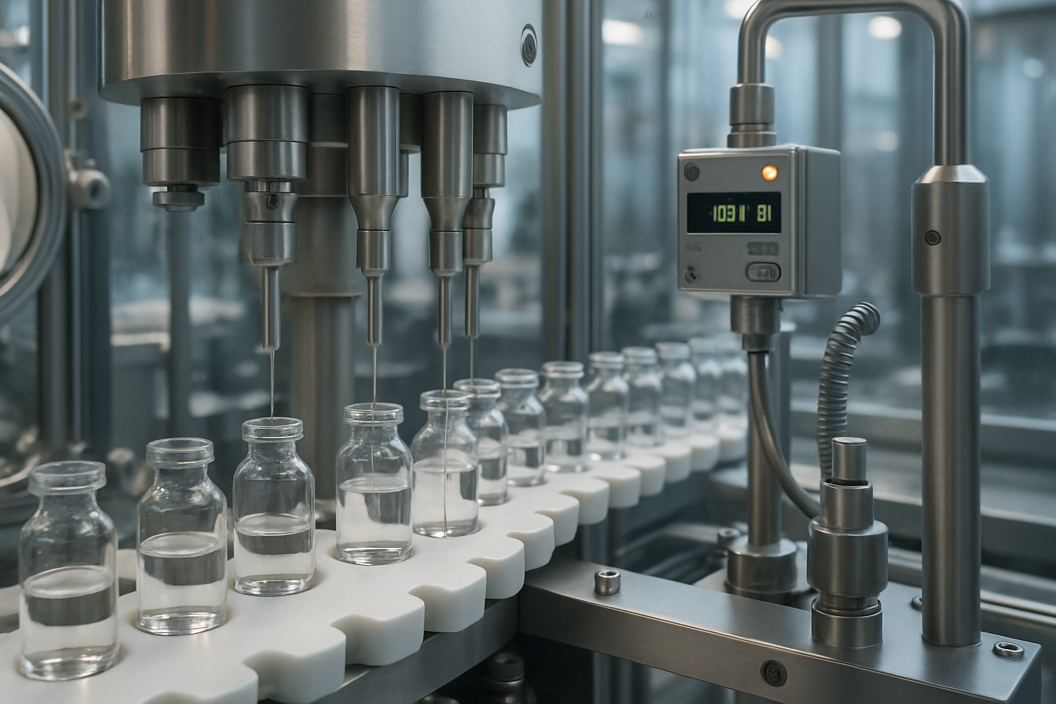 Aseptic filling line in pharmaceutical manufacturing, showing sterile vials and high-tech machinery.
