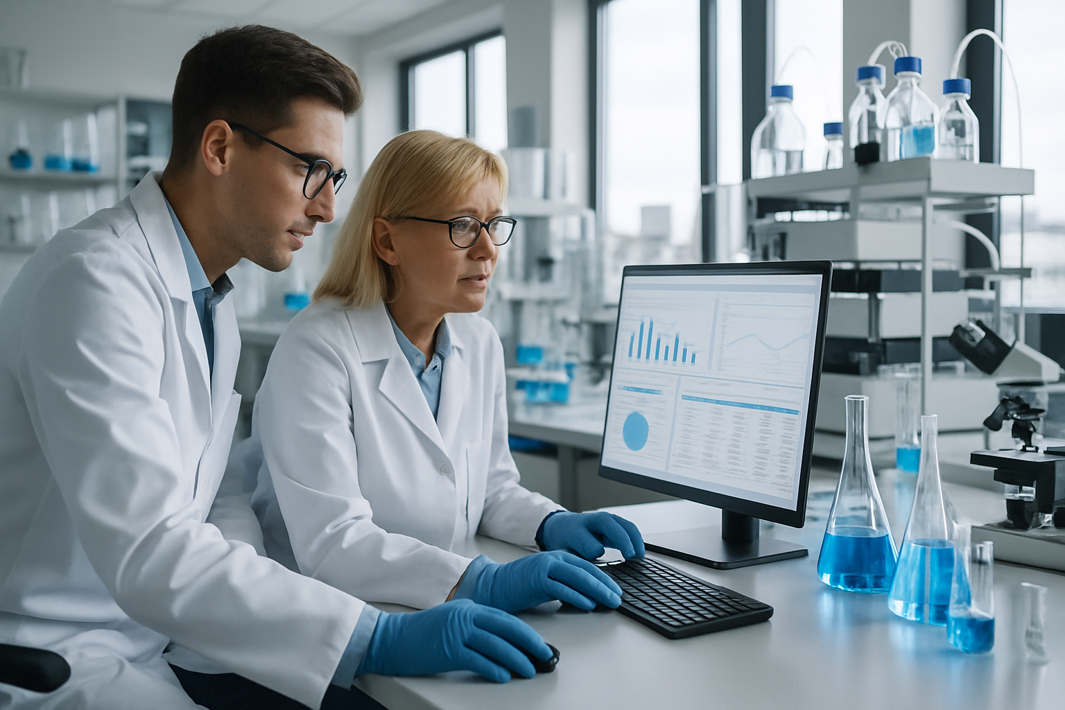 Quality control laboratory with scientists analyzing data integrity in pharmaceuticals.
