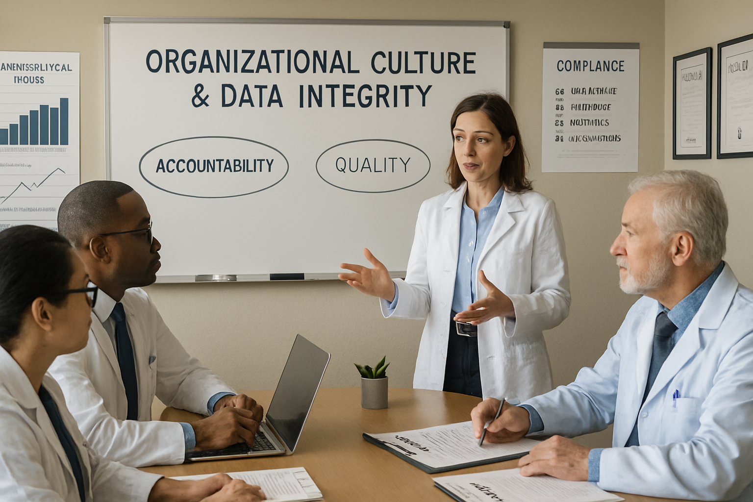 Team meeting discussing organizational culture and data integrity in pharmaceuticals.