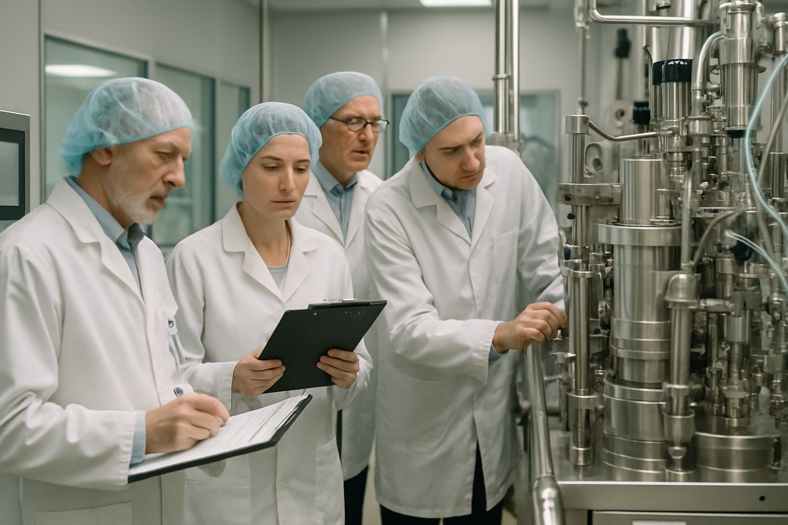 Inspectors reviewing equipment during an FDA inspection in a pharmaceutical cleanroom.
