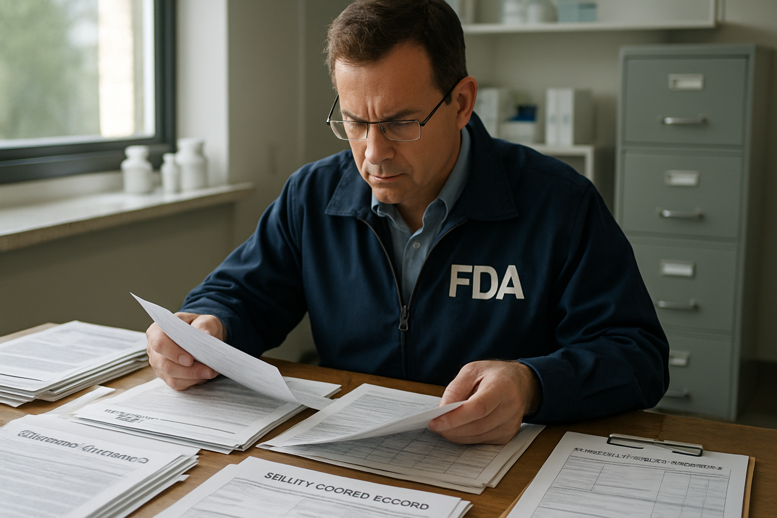 FDA inspector reviewing documentation in a pharmaceutical office during an inspection.