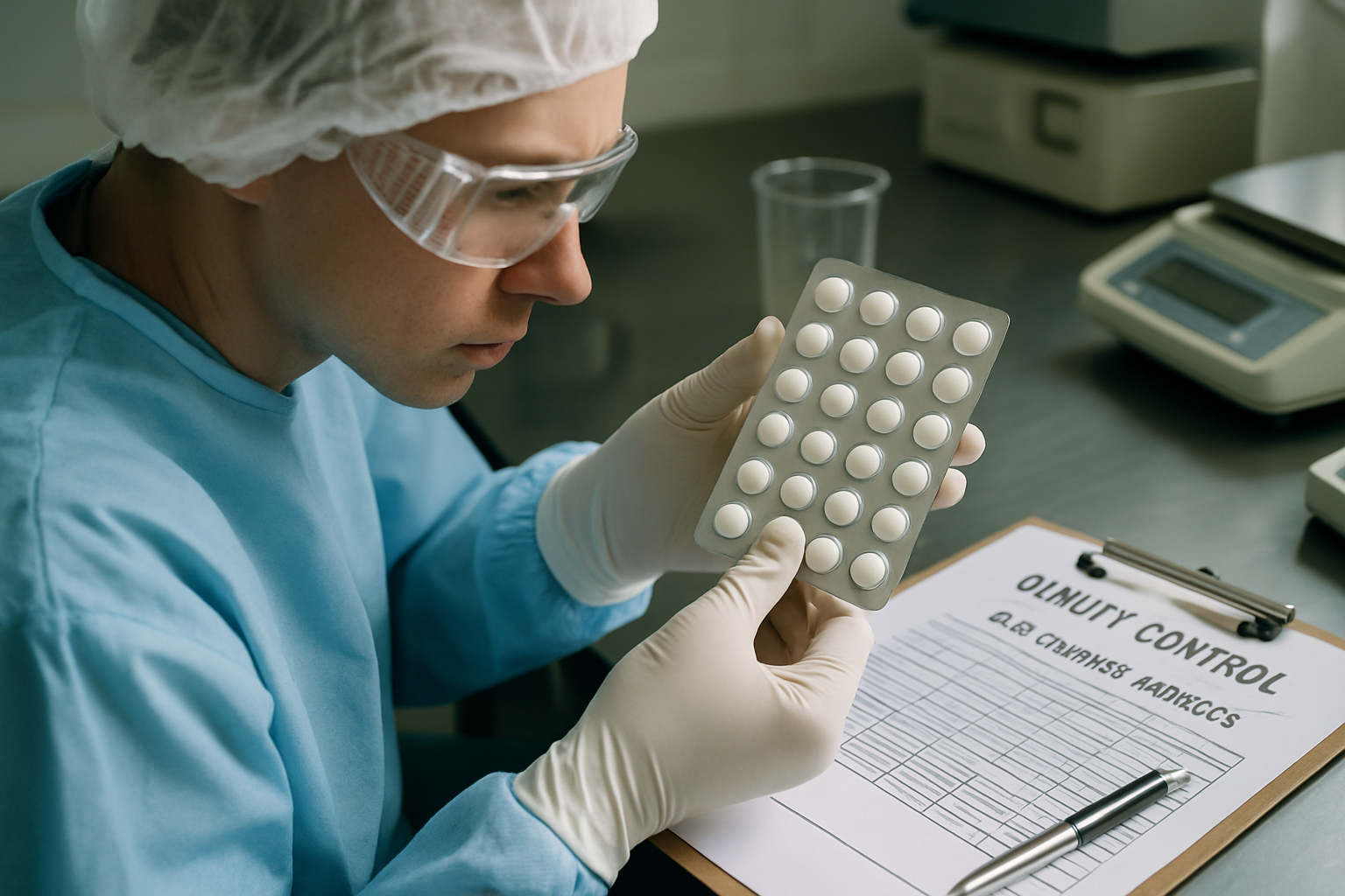 Pharmaceutical technician inspecting succinimide tablets in a quality control lab.