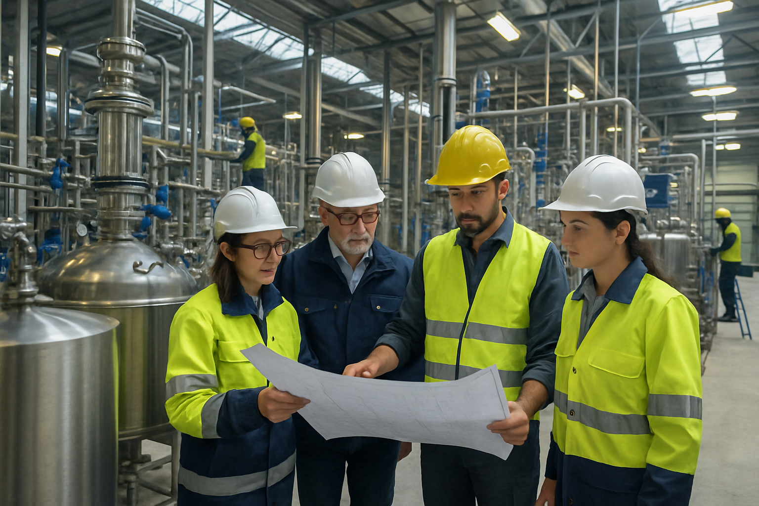 Engineers reviewing blueprints at a pharmaceutical construction site with stainless steel and borosilicate glass materials.