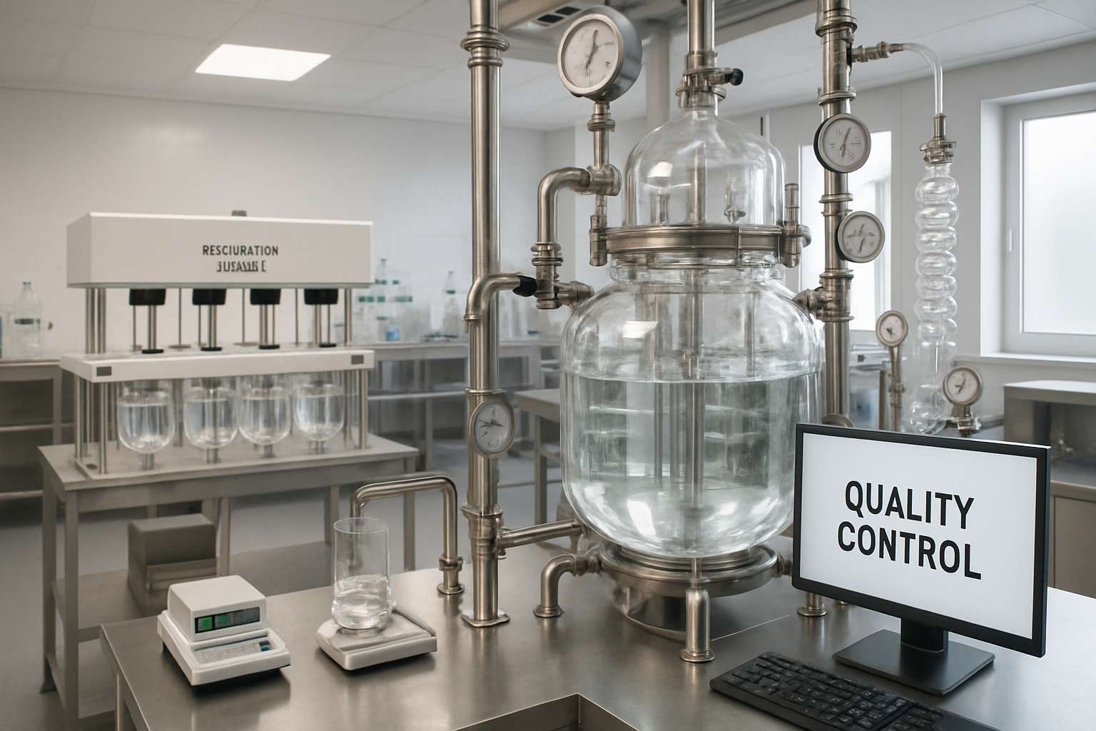 Quality control lab with borosilicate glass equipment for visual monitoring in a pharmaceutical facility.