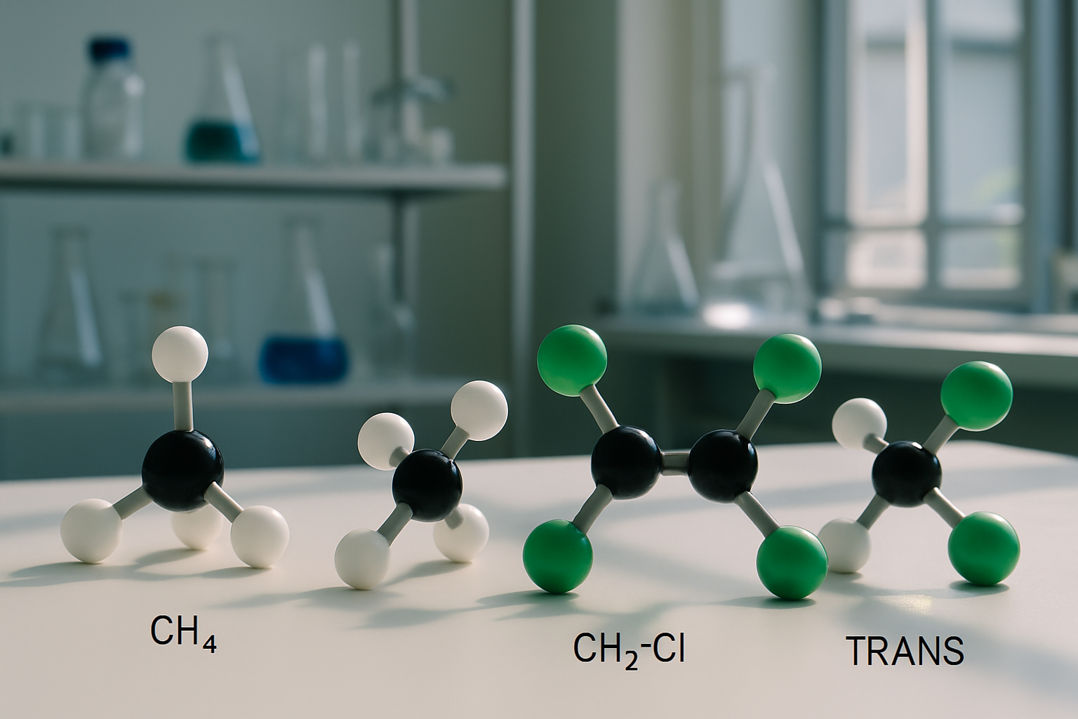 Laboratory setup displaying molecular models of methane and dichloroethane compounds.