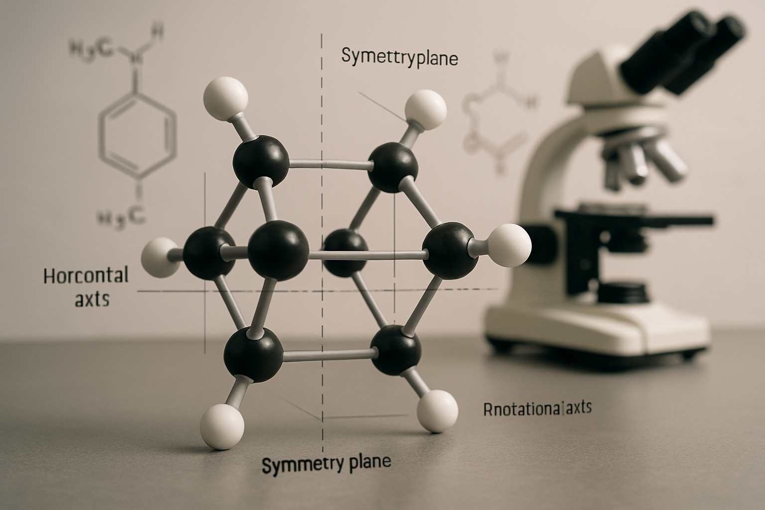 Close-up of a cyclohexane molecular model showing its chair conformation and symmetry features.