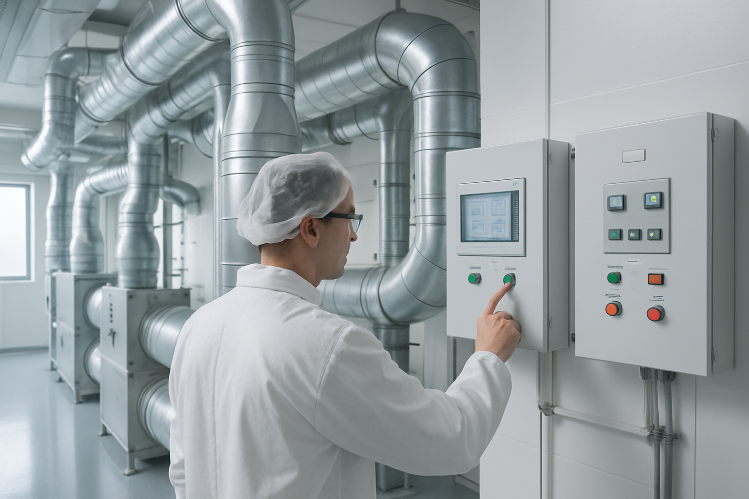 Technician monitoring HVAC system in a cleanroom environment for seasonal qualification.