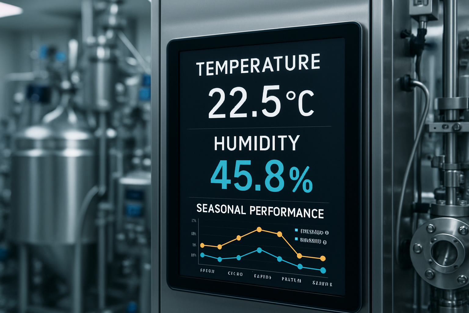 Digital display of HVAC performance metrics in a pharmaceutical lab during seasonal qualification.