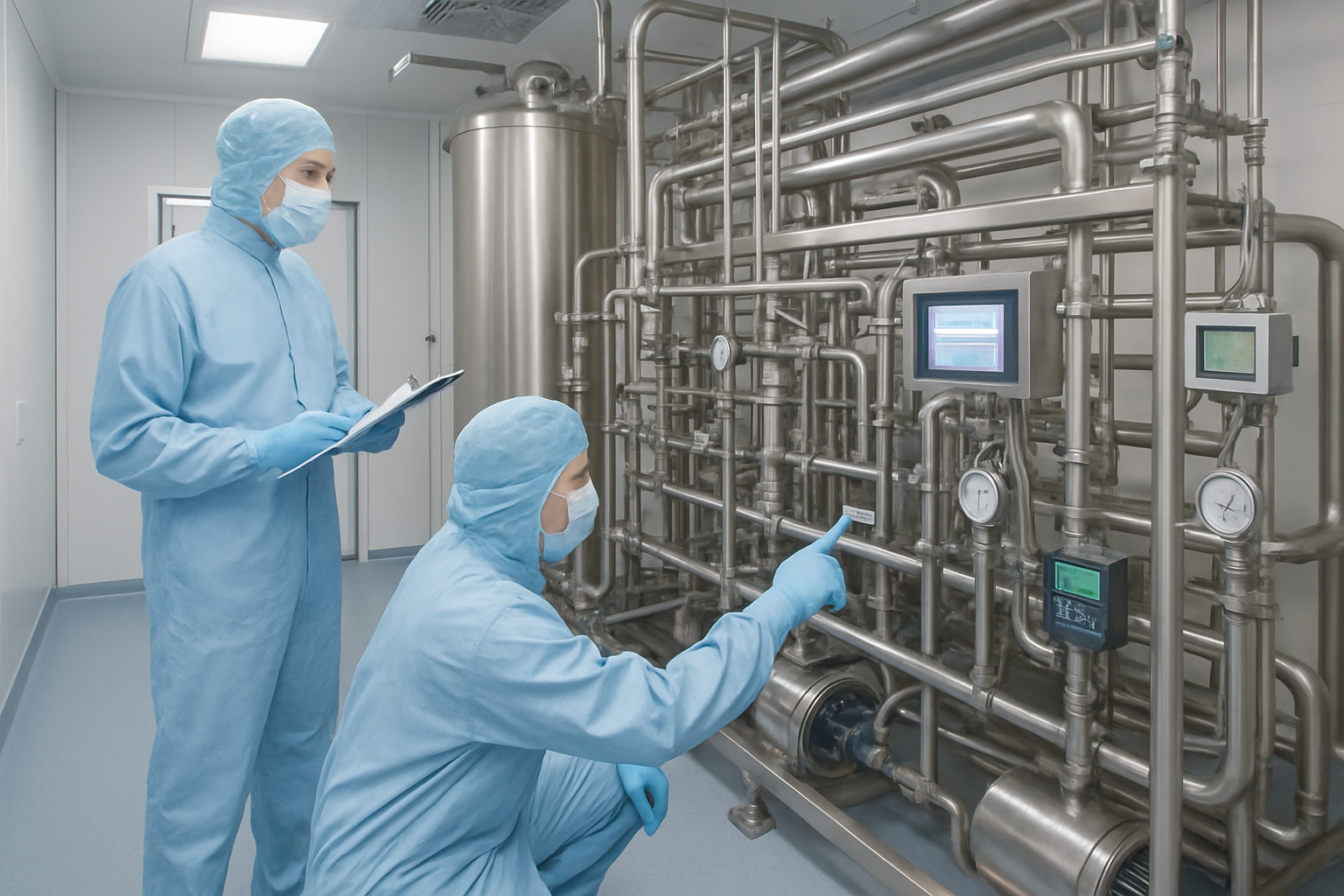 Technicians inspecting a purified water system in a cleanroom environment.