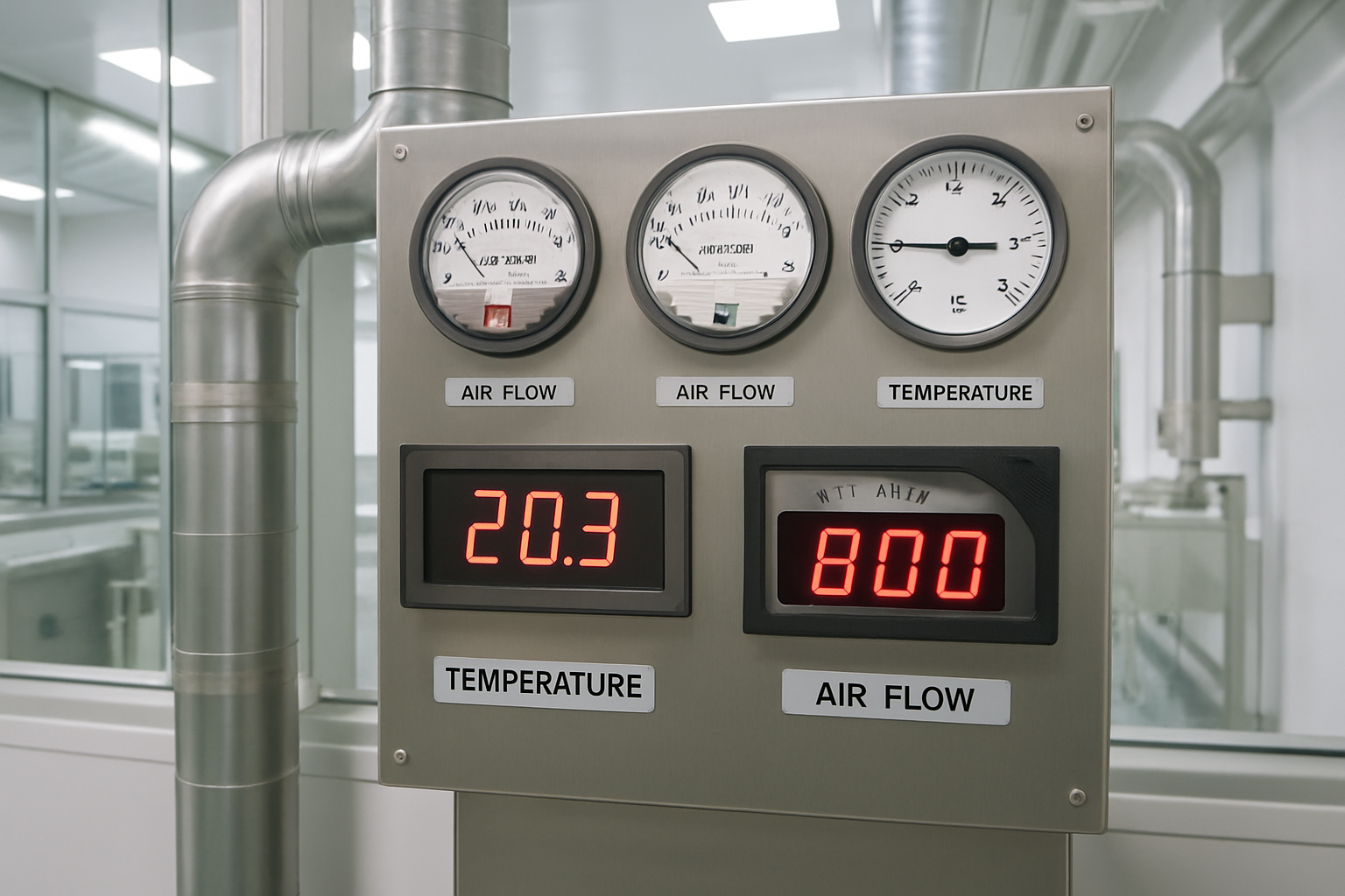 HVAC control panel monitoring temperature and airflow in a pharmaceutical facility.