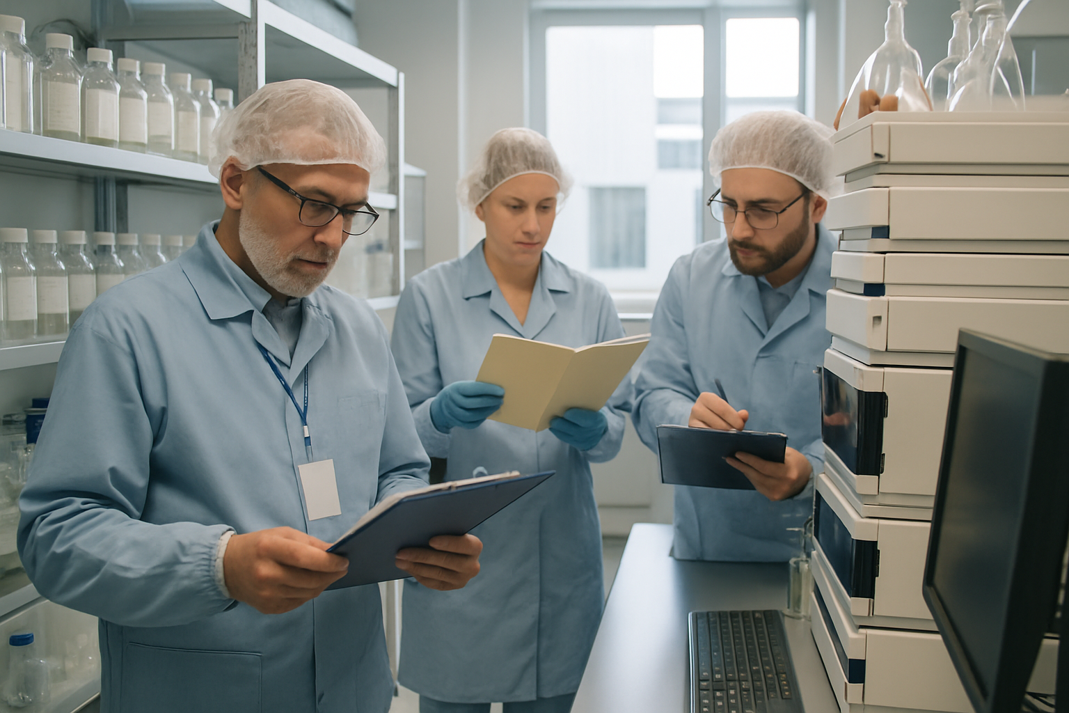 Inspectors conducting a mock inspection in a pharmaceutical quality control lab, reviewing documents and equipment.
