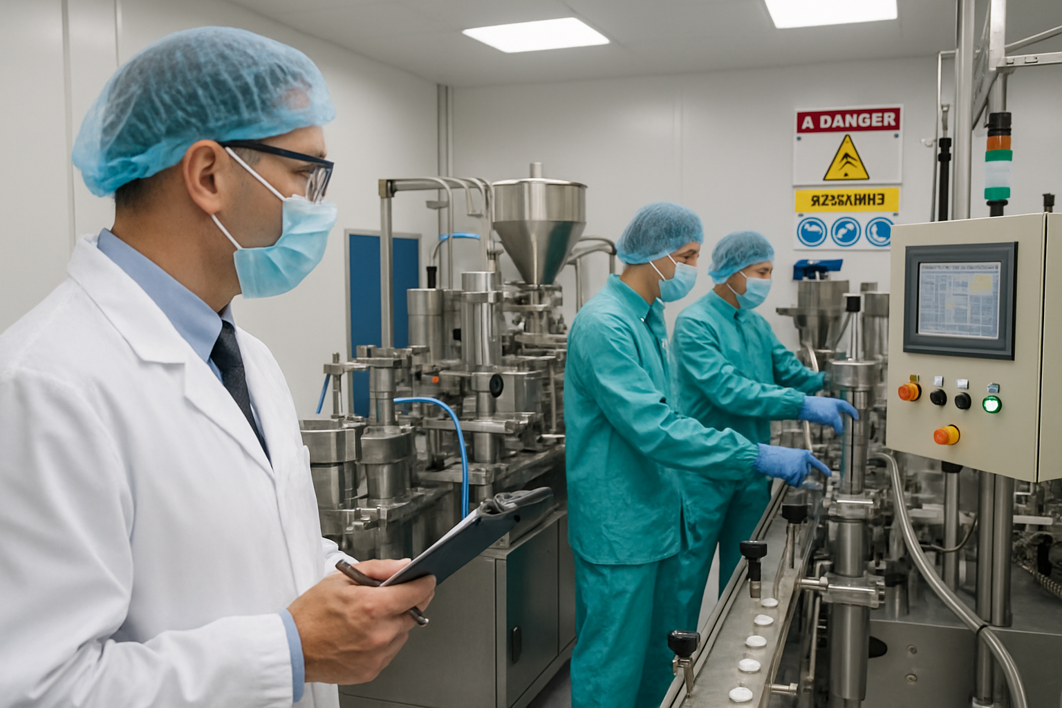 An inspector observing operators in a pharmaceutical manufacturing area during a mock inspection, focusing on compliance and