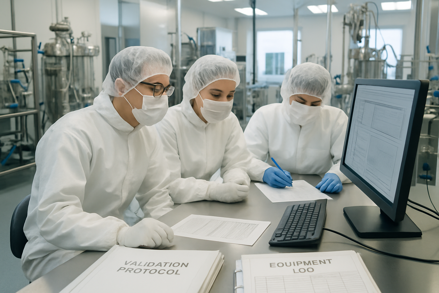 Validation team analyzing data in a cleanroom environment.