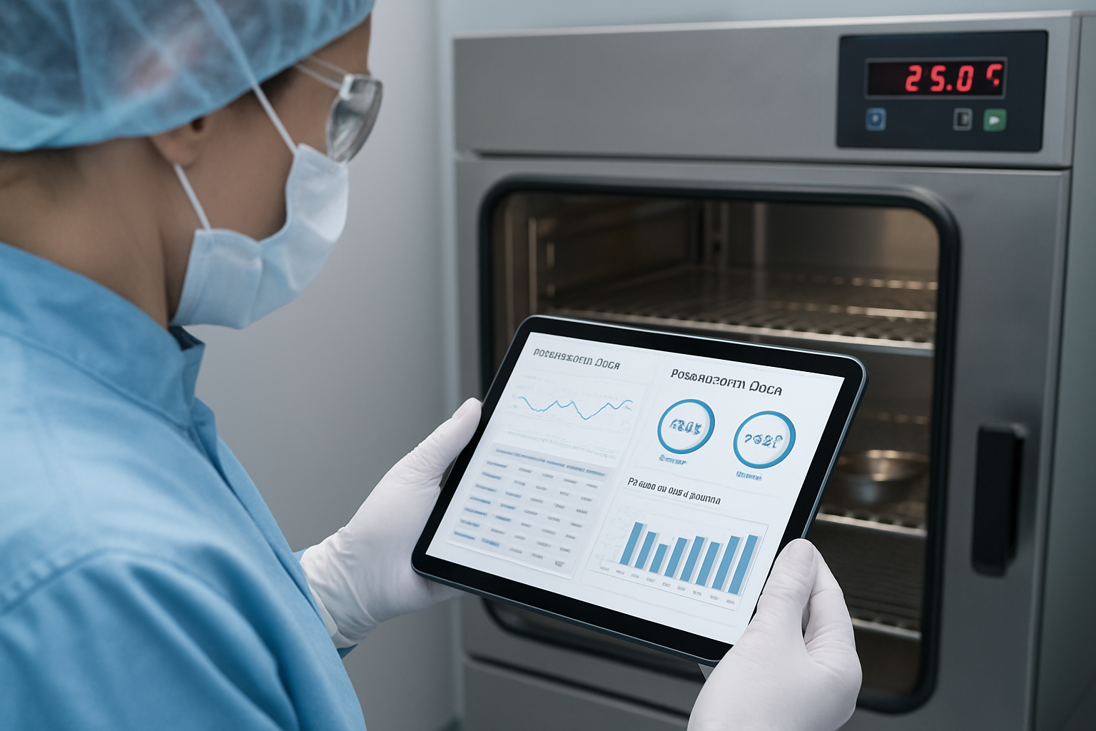 Technician reviewing temperature logs in a pharmaceutical lab.