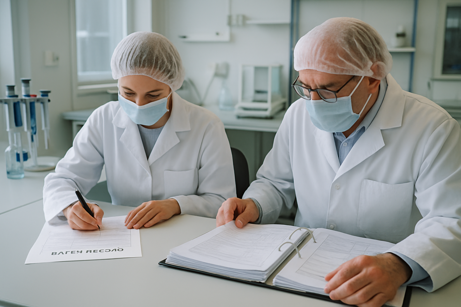 Technicians reviewing batch records in a pharmaceutical quality control lab.
