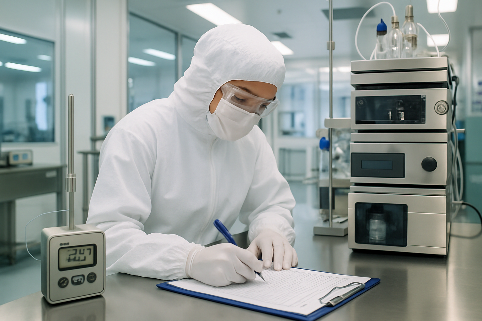 Technician documenting calibration logs in a cleanroom setting, highlighting data integrity in pharma validation.