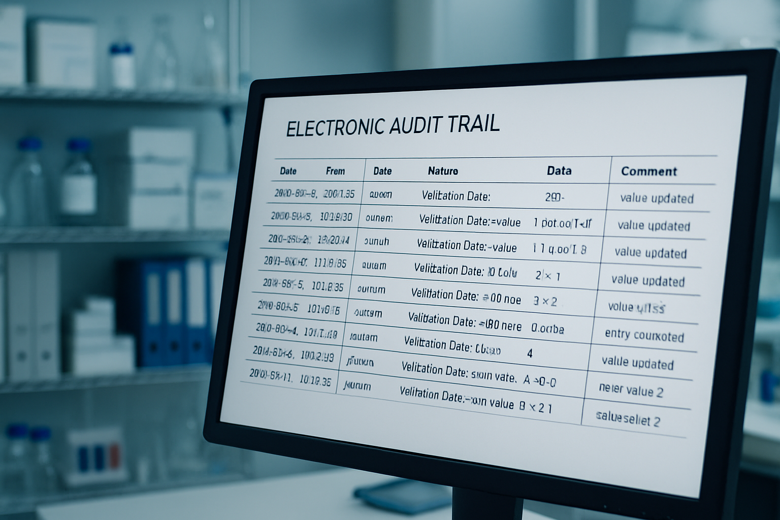 Detailed electronic audit trail on a computer screen in a pharmaceutical lab, showcasing data tracking.