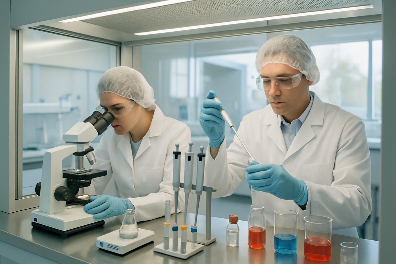 Laboratory scene showing scientists analyzing samples for Critical Quality Attributes in pharmaceutical manufacturing.