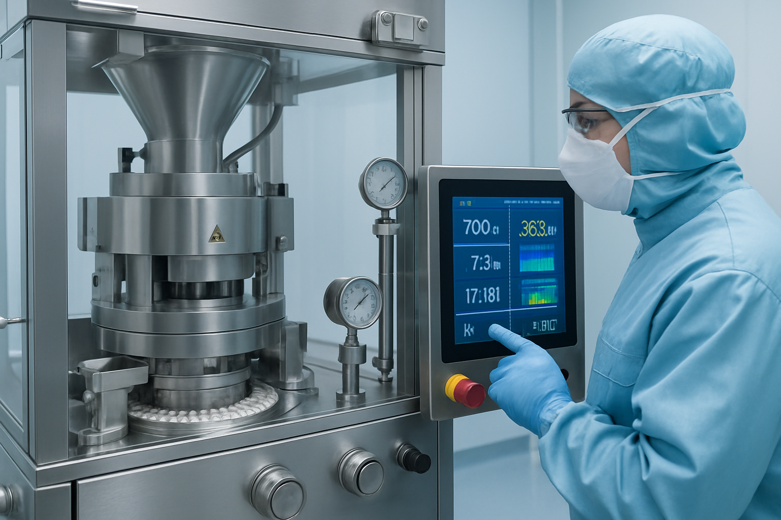 Cleanroom environment with a technician operating a tablet compression machine, highlighting process control for CQAs.