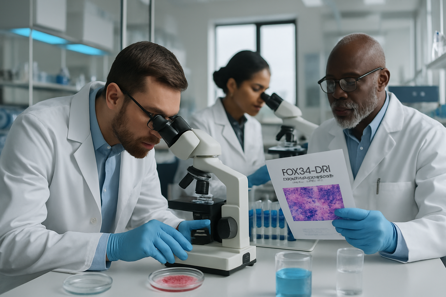 Scientists studying cellular samples in a lab focused on FOXO4-DRI peptide interactions.