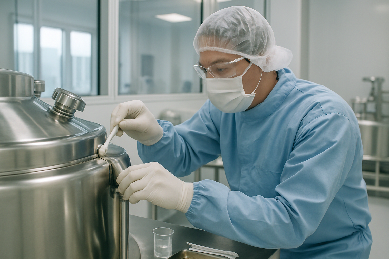 Technician sampling pharmaceutical equipment in a cleanroom for validation.