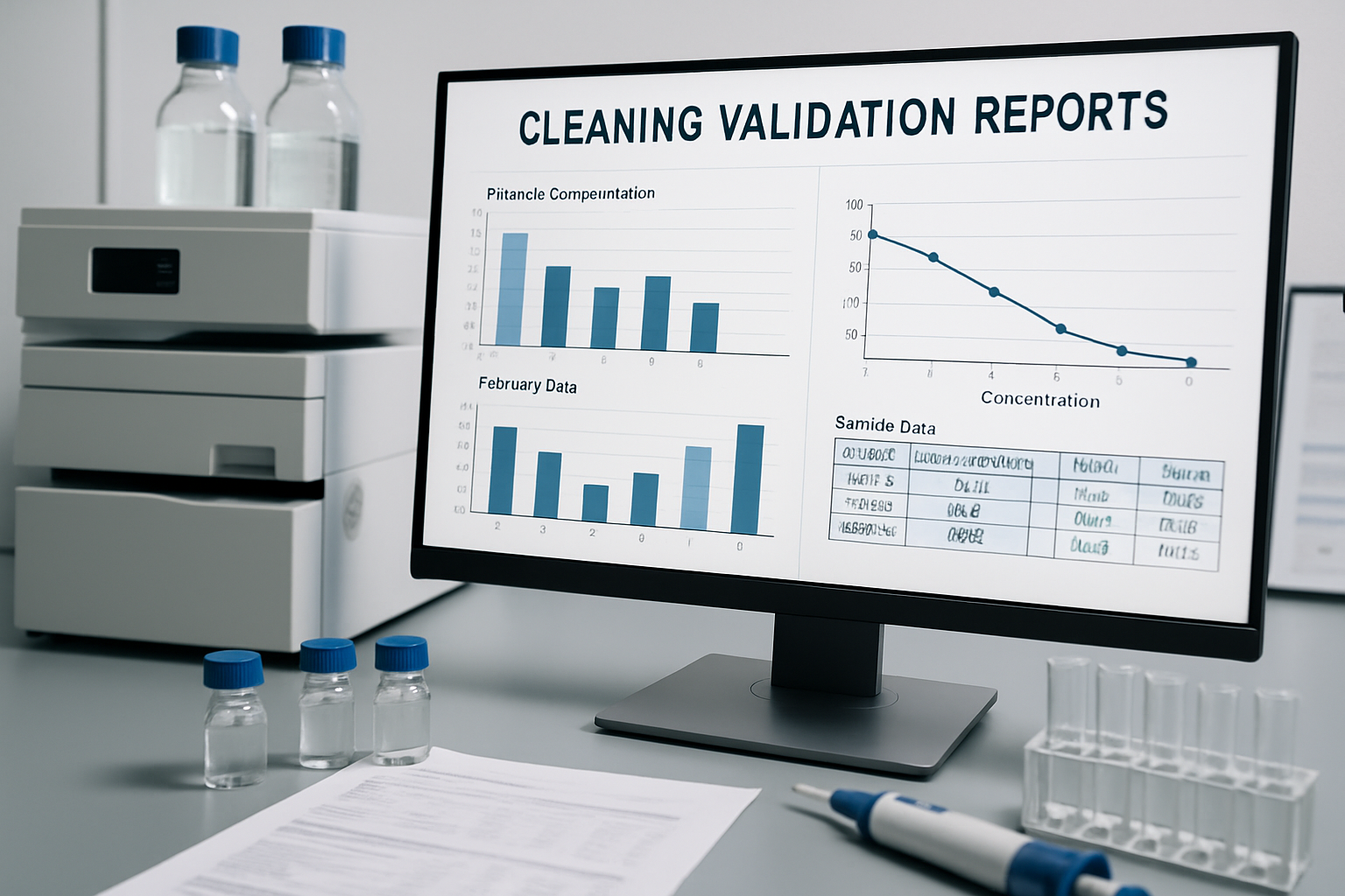 Laboratory workspace with cleaning validation reports and analytical instruments.