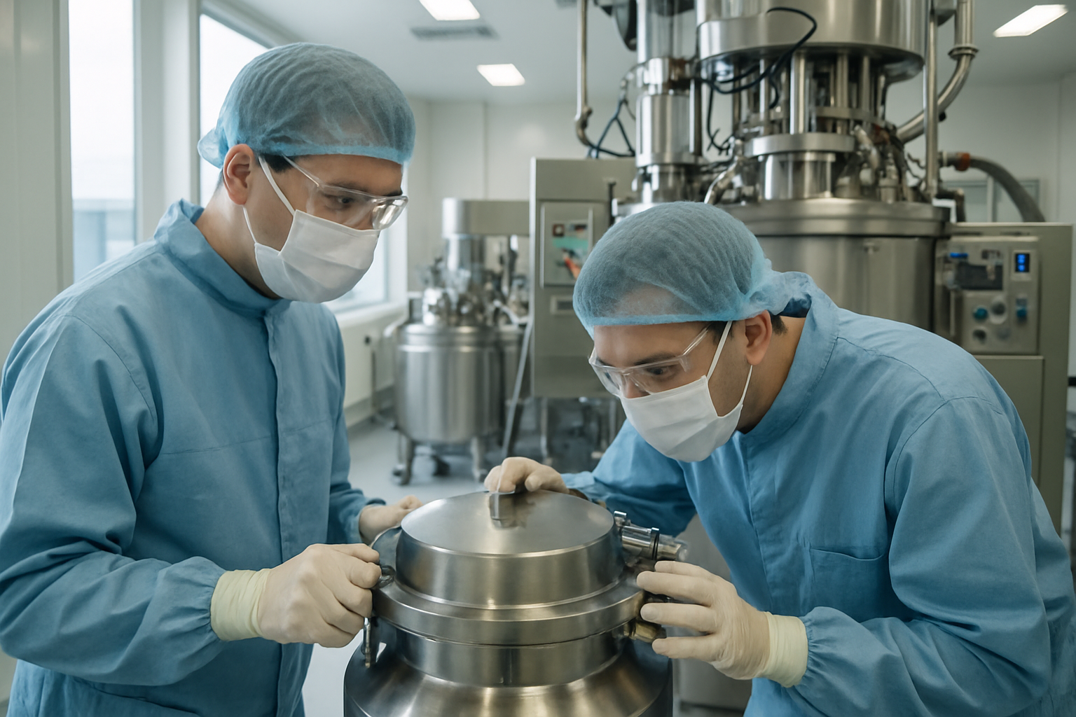 Technicians conducting visual assessments in a pharmaceutical cleanroom for ointment production.