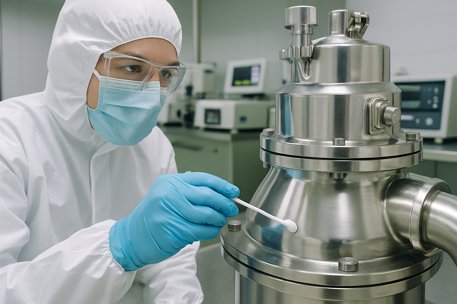 Laboratory technician performing surface swabbing on ointment production equipment.
