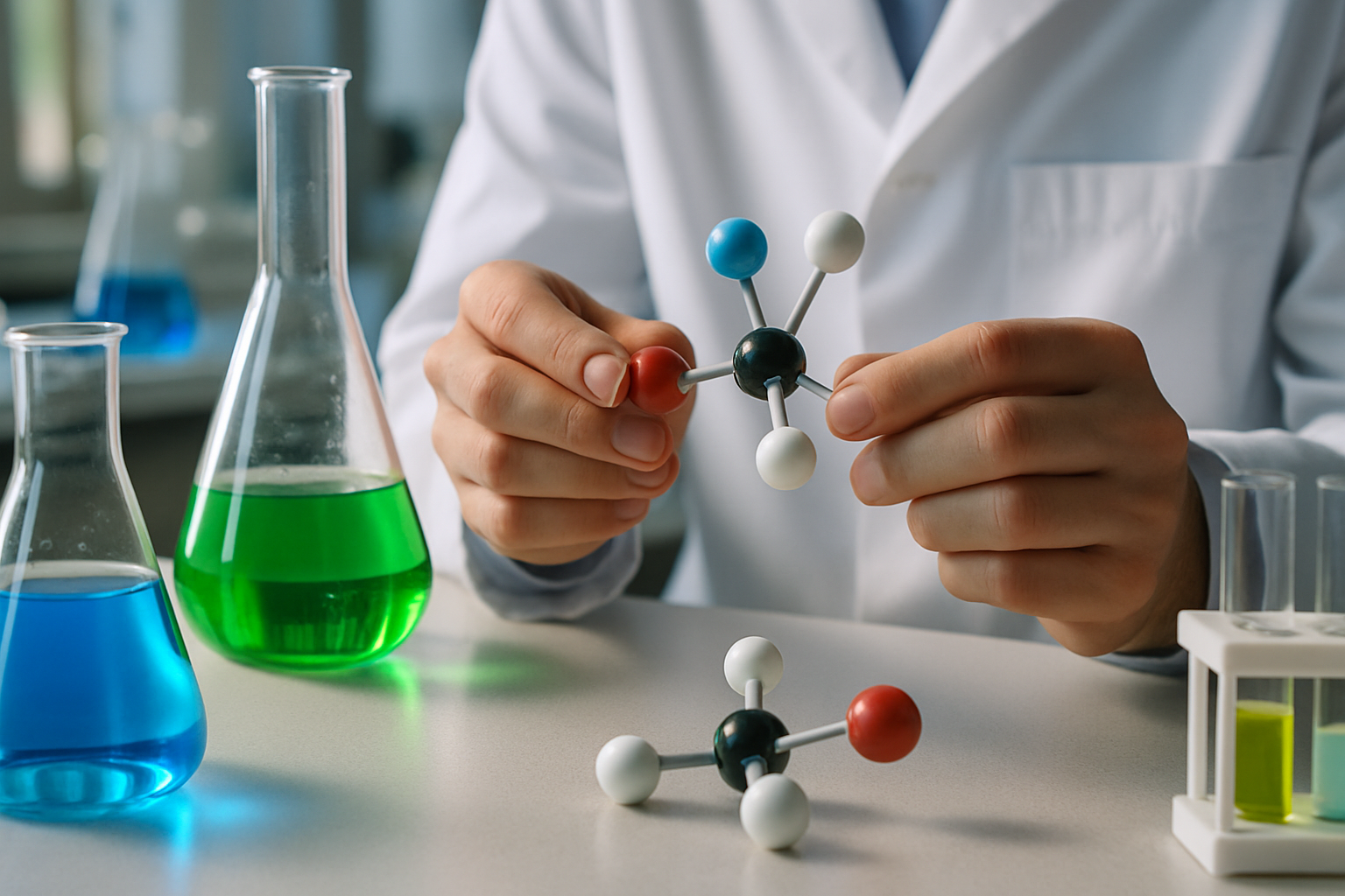 Chemist demonstrating chiral molecules with molecular models in a lab setting.