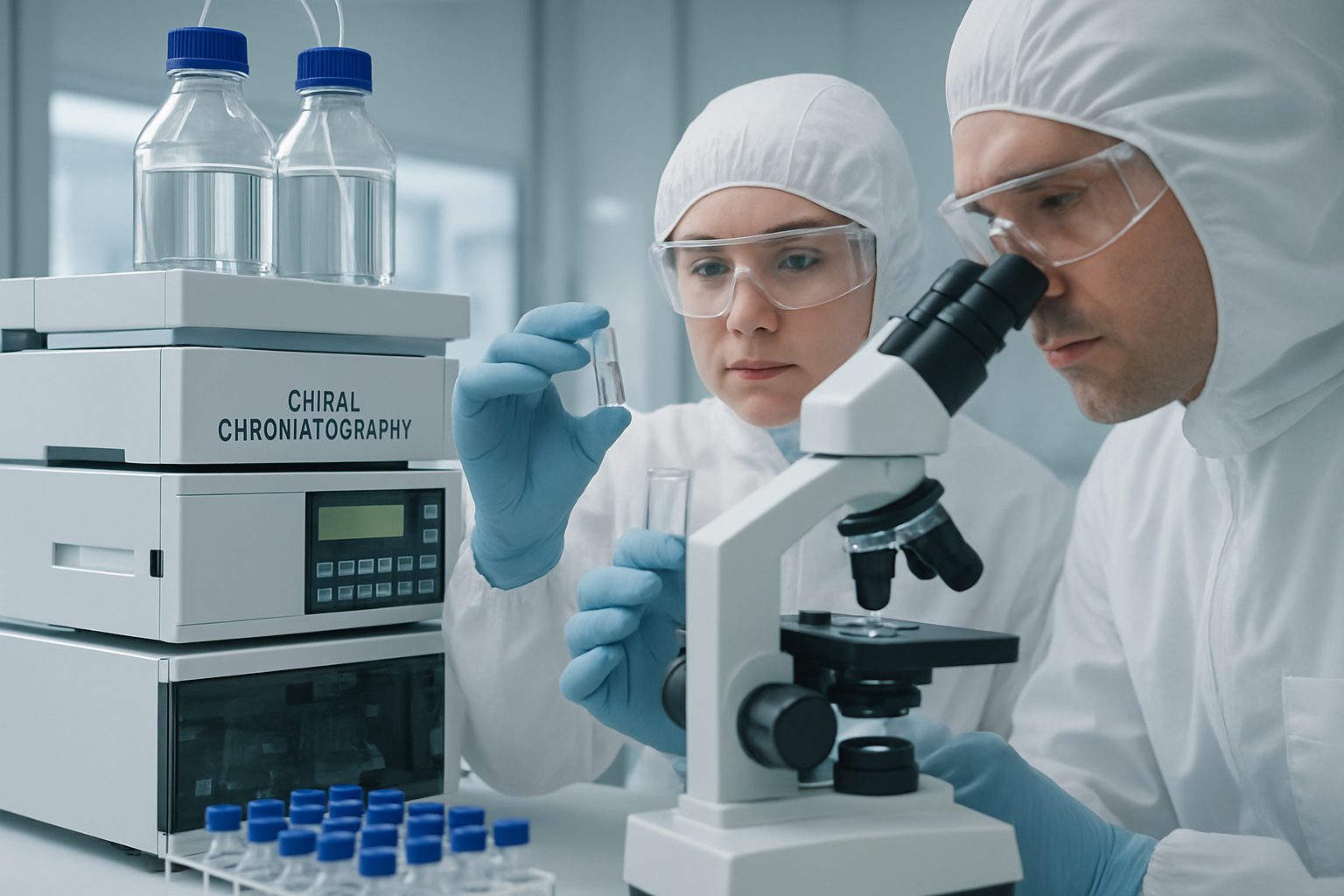 Scientists analyzing enantiomers in a cleanroom using chiral chromatography.
