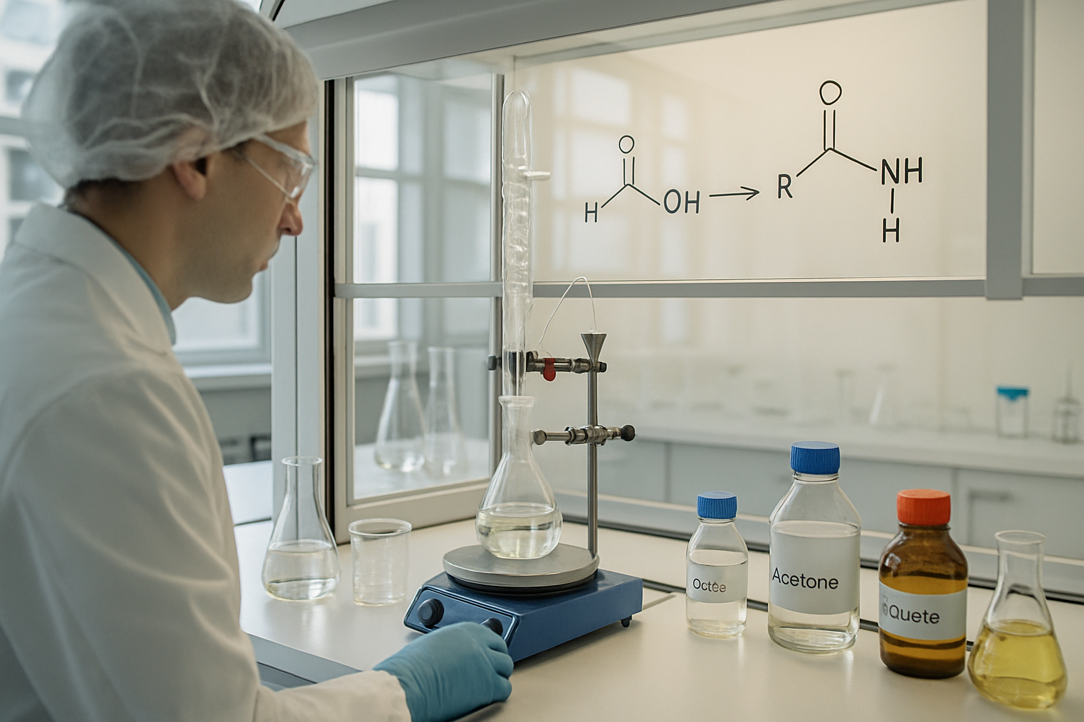 Laboratory setup for Beckmann Rearrangement with glassware and reagents.