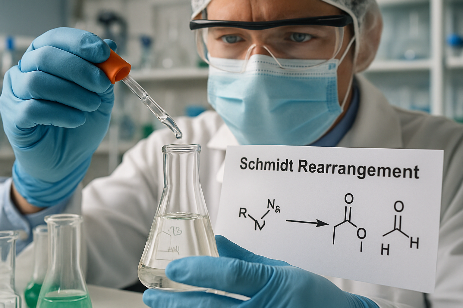 Chemist performing Schmidt Rearrangement in a pharmaceutical lab.