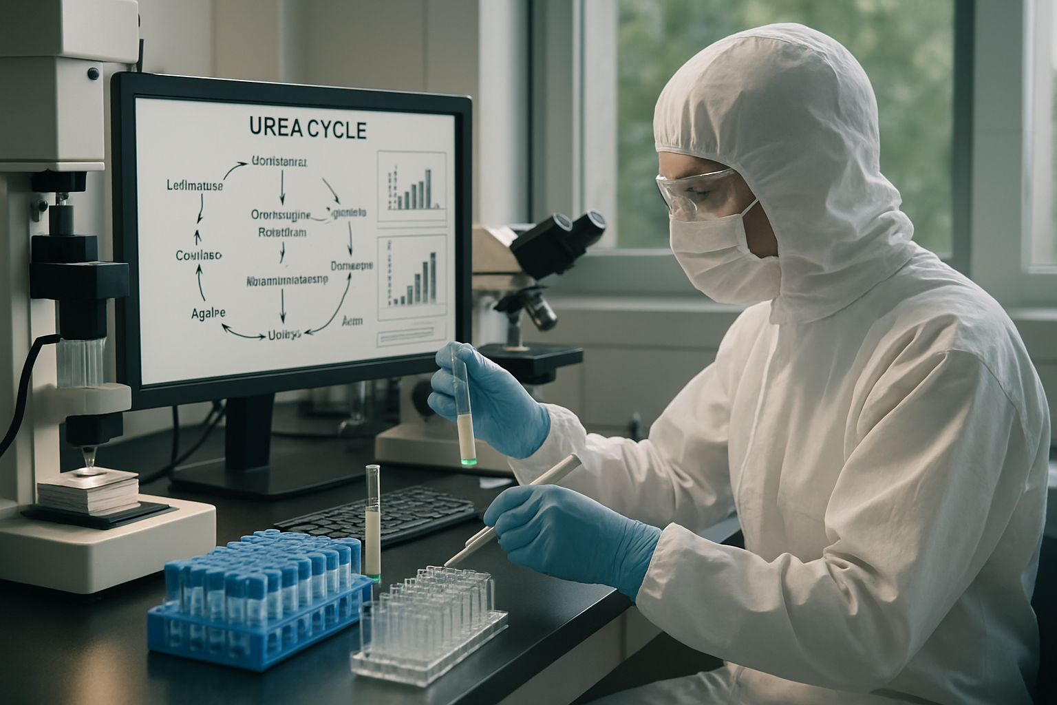 Scientist analyzing biochemical samples in a cleanroom lab focused on the urea cycle.