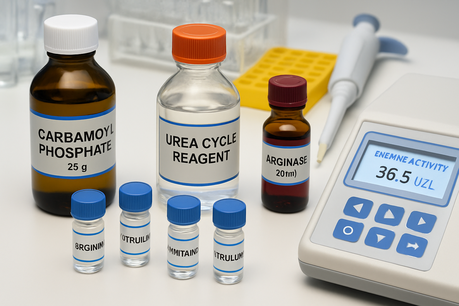 Biochemical reagents and equipment for studying the urea cycle on a lab bench.