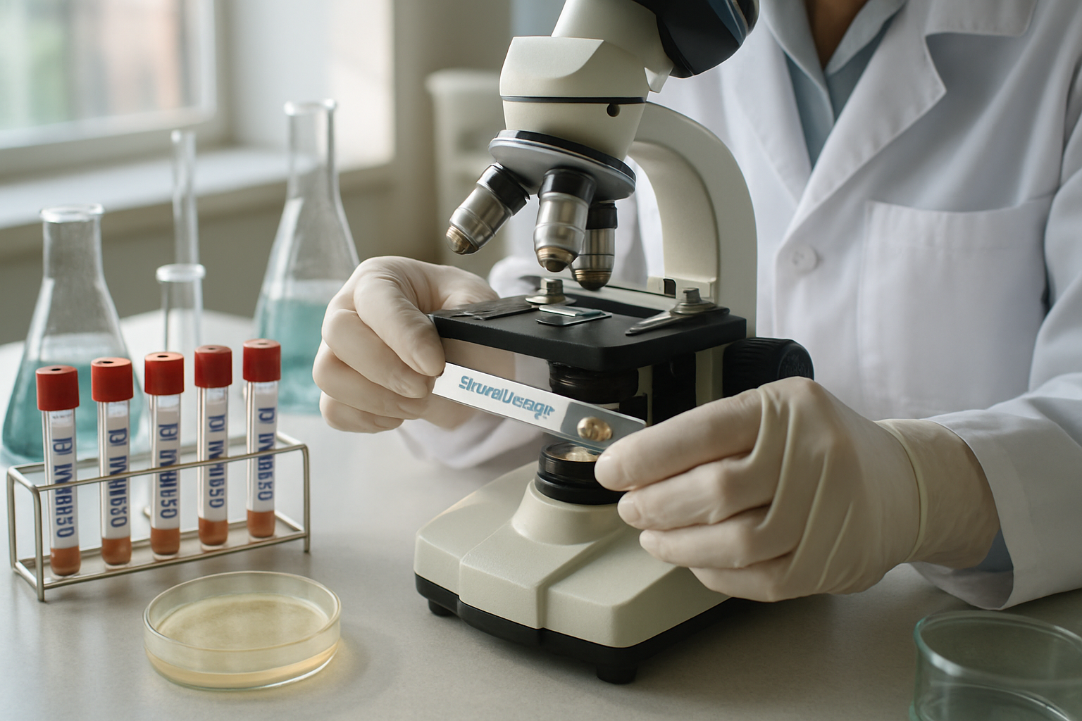 Laboratory technician examining sputum samples for tuberculosis diagnosis.