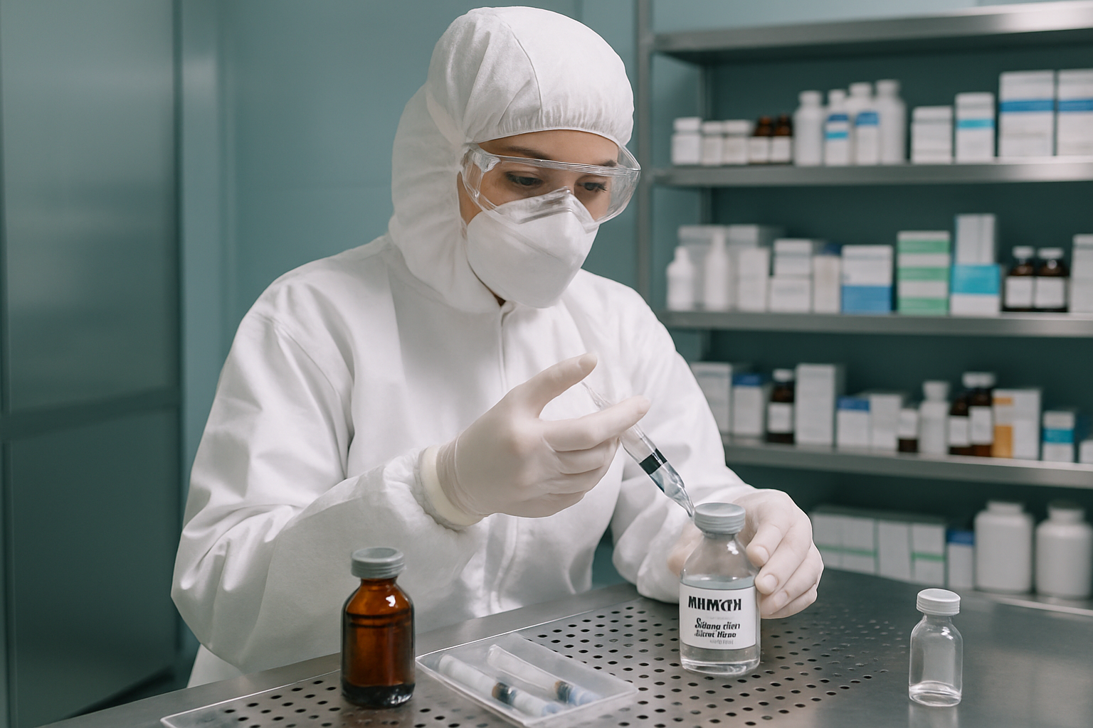 Pharmacist preparing antibiotics for urinary tract infections in a cleanroom.