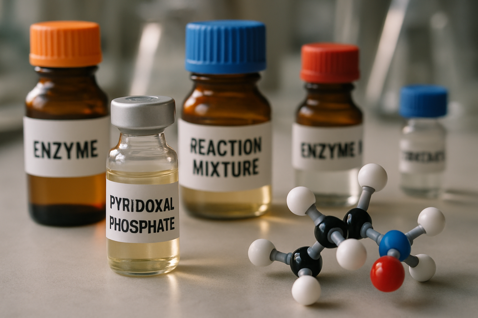 Enzymatic catalysis setup with pyridoxal phosphate and amino acids.